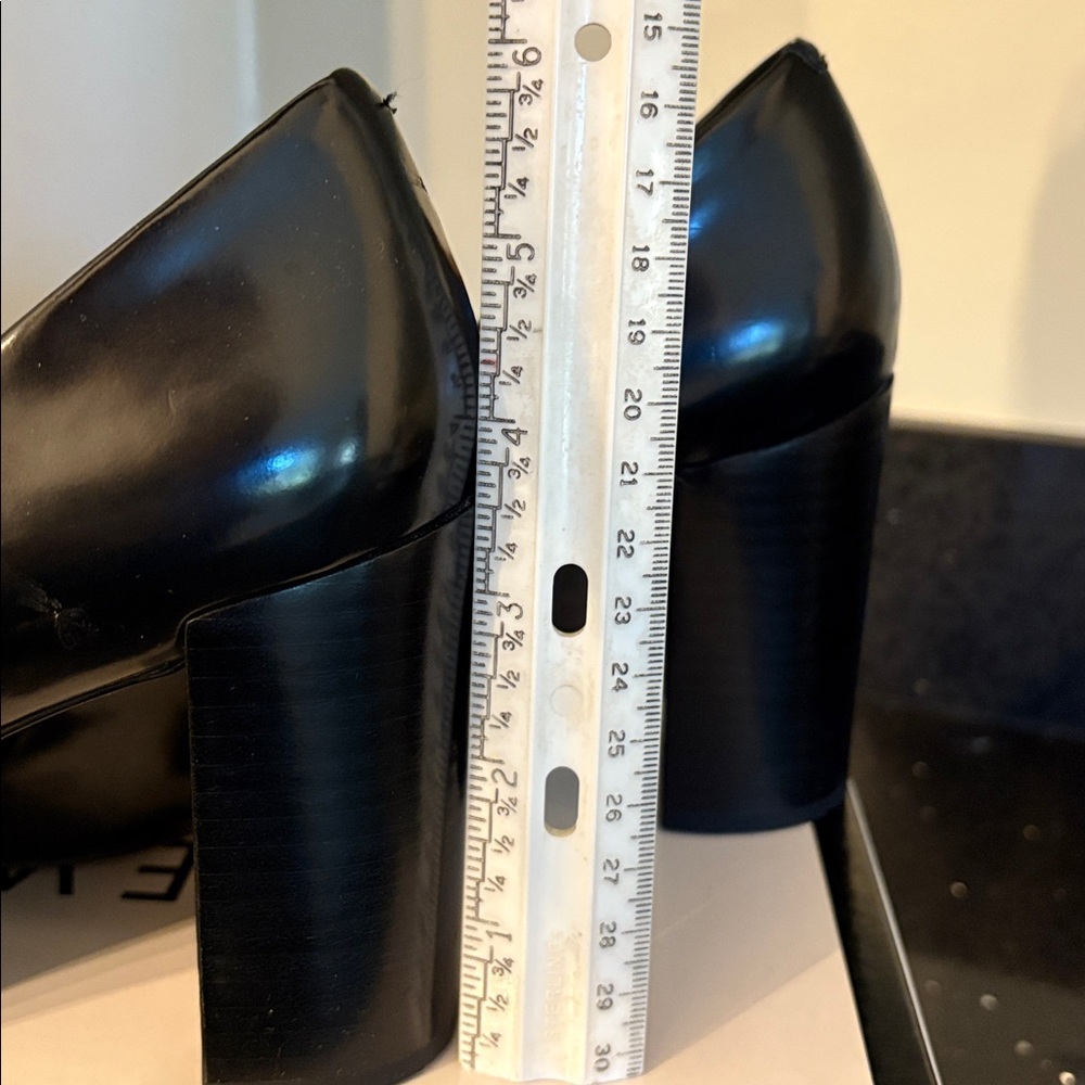 *Nine West NEWRULEO BLACK SY Black Patent Almond Toe Chunky Heel Pump - Picture 16 of 17